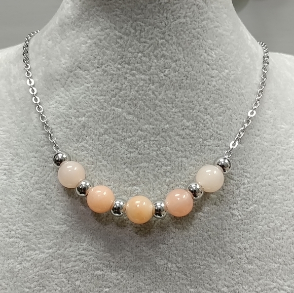 Peach Aventurine Necklace Natural Gemstone Beads Stainless-Steel Chain 20" - Picture 5 of 13